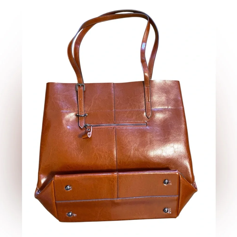 Kattee Genuine Leather Cognac Brown Tote 3 Interior Compartments Purse - Picture 2 of 4